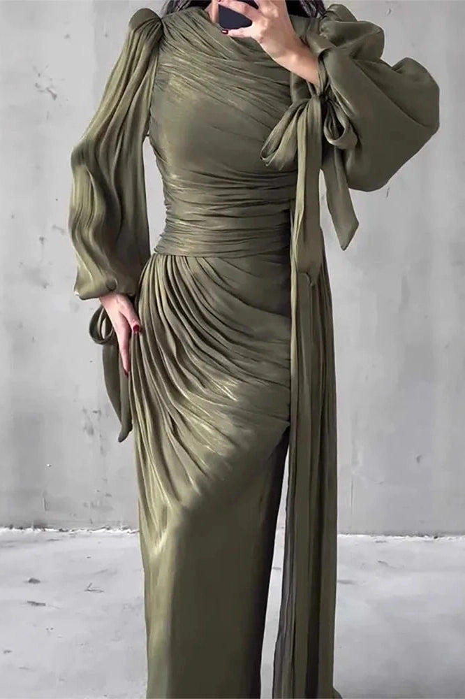 Glorol - Elegant Long Sleeve High Waist Pleated Slim Maxi Dress