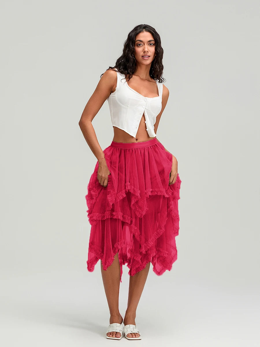 Glorol - High Waist Layered Tulle Frill Trim Skirt