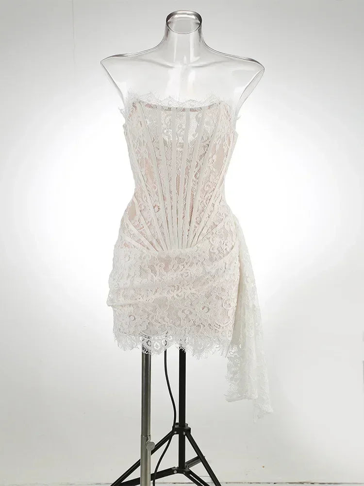 Glorol - Lace See-Through Bodycon Irregular Mini Dress