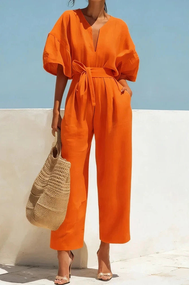 Glorol - Lace-Up Waist Cotton V-Neck Half Sleeve Jumpsuit