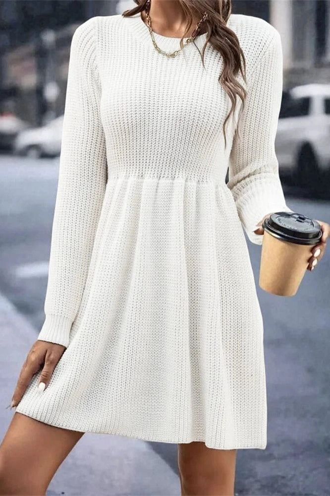 Glorol - Hollow Out Pleated Slim Long Sleeve High Waist Mini Dress