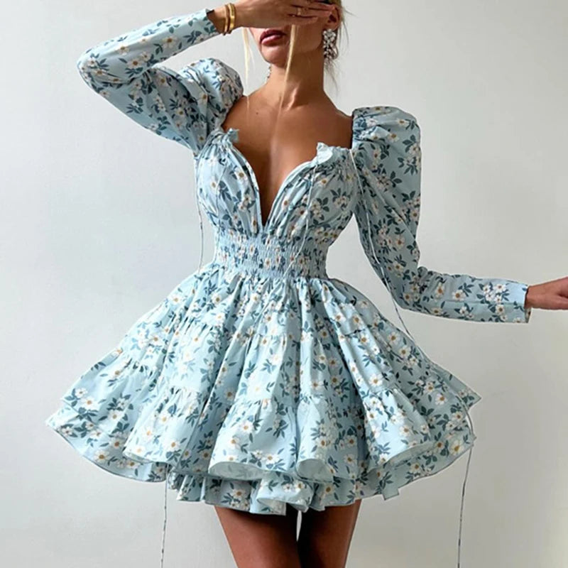 Glorol - Printed Lace Up V-Neck Long Sleeve Elegant A-Line Mini Dress