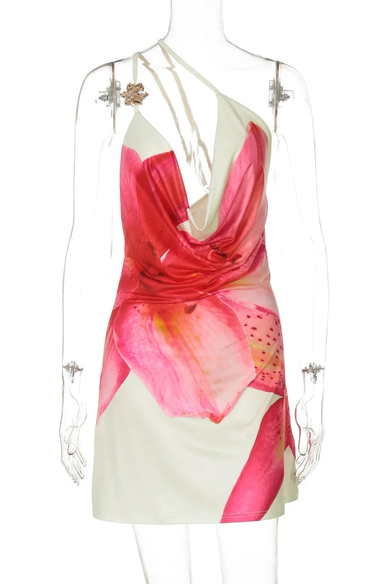 Glorol - Elegant One-Shoulder Printed Sleeveless High Waist Mini Dress