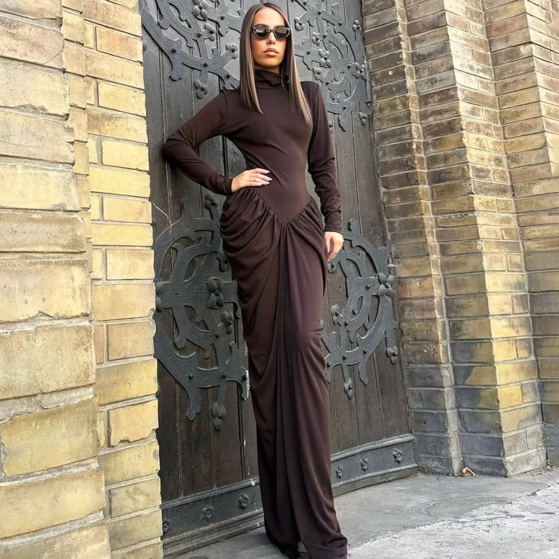 Glorol - Elegant High Neck High Waist Long Sleeve Maxi Dress