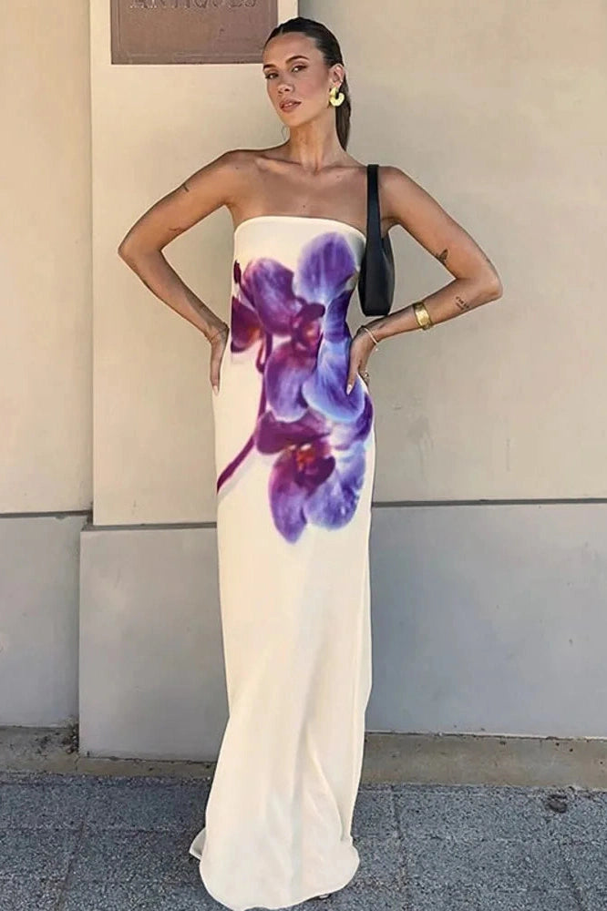 Glorol - Printed Strapless Off-Shoulder Backless Sleeveless Maxi Dress