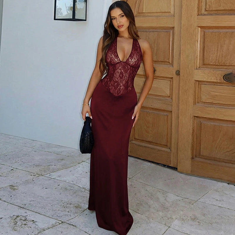 Glorol - Hollow Lace Backless Slim Maxi Dress
