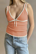 Glorol - Lace-Up Backless V-Neck Slim Top
