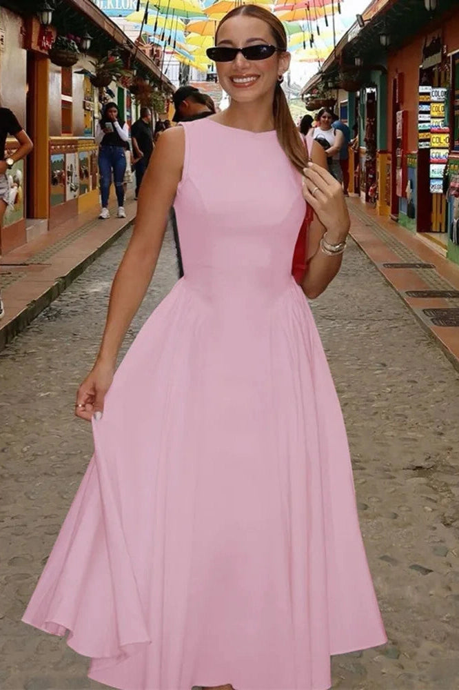 Glorol - Sleeveless Pleated O Neck High Waist A-Line Midi Dress