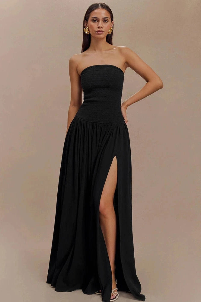 Glorol - Off-Shoulder Strapless Sleeveless Backless High Split Pleated Maxi Dress