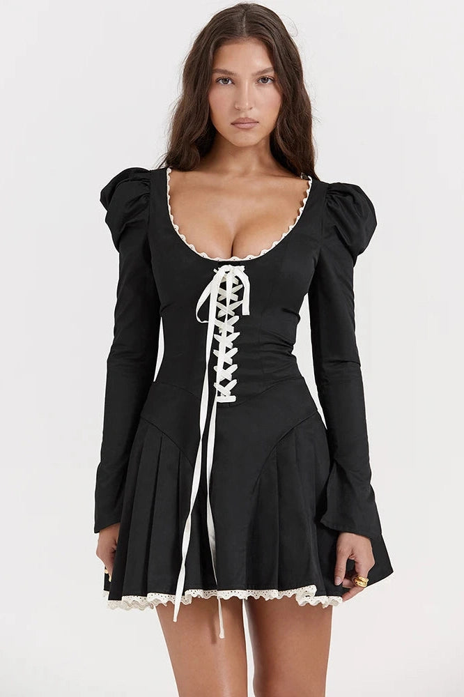 Glorol - Lace Bandage Square Collar Puff Sleeve Mini Dress