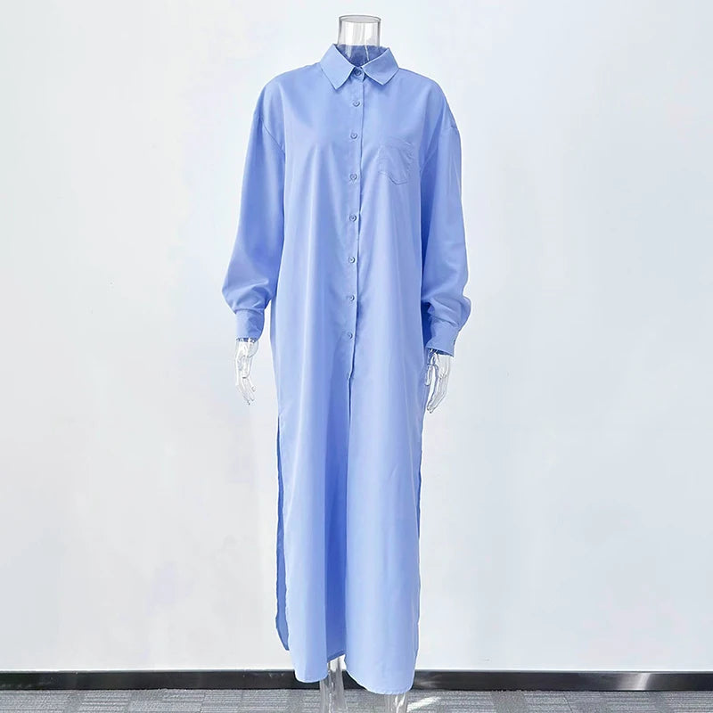Glorol - Long Sleeve Loose Single Breasted Slit Maxi Dress