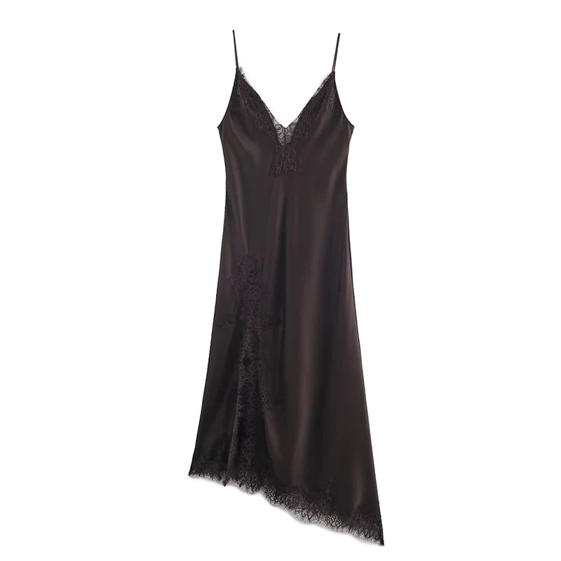 Glorol - Lace Spaghetti Strap High Waist Midi Dress