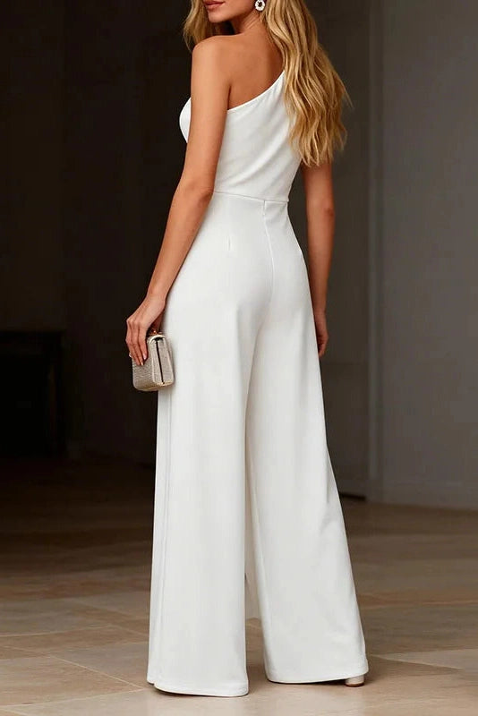 Glorol - Elegant Slash Collar Sleeveless Wide Leg Jumpsuit