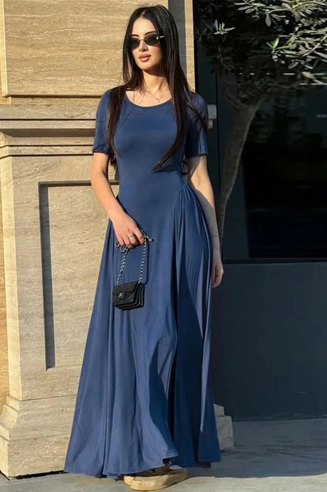 Glorol - Short Sleeve O Neck High Waist Pleated Maxi Dress