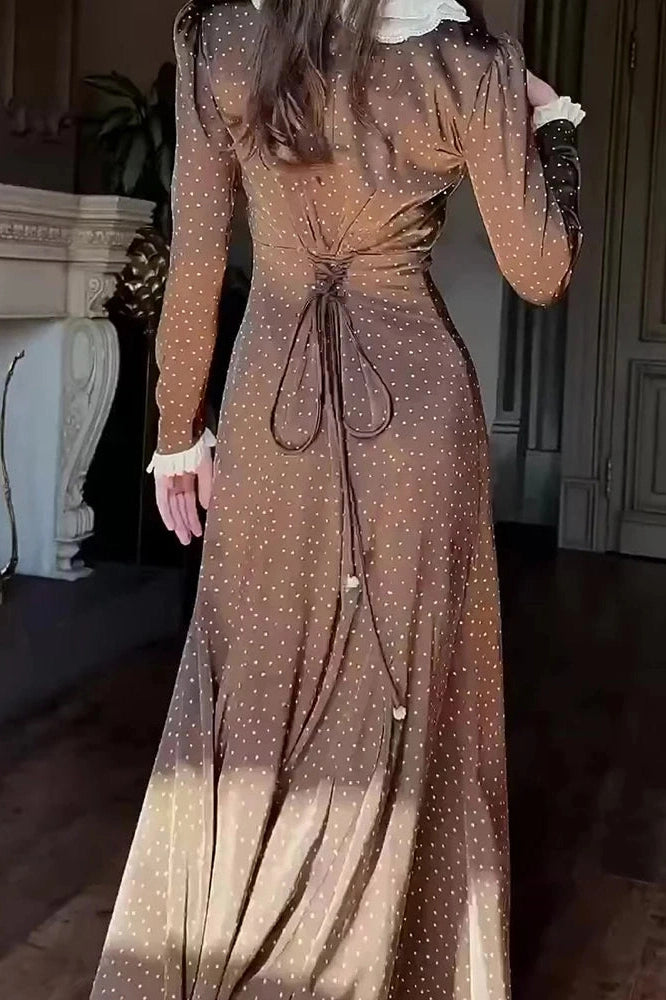 Glorol - Elegant Long Sleeve Slim Lace Up High Waist Pleat Printed Maxi Dress