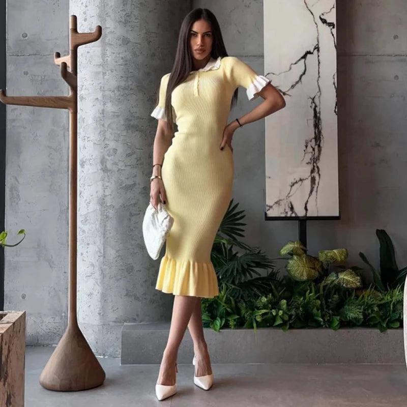Glorol - Knitted Short Sleeve Slim Midi Dress