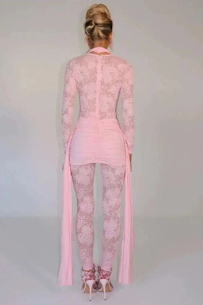 Glorol - See Through Lace Patchwork Long Sleeve Jumpsuit