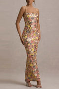 Glorol - Floral Printed Spaghetti Strap Slim Sleeveless Maxi Dress