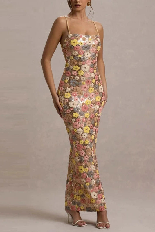 Glorol - Floral Printed Spaghetti Strap Slim Sleeveless Maxi Dress