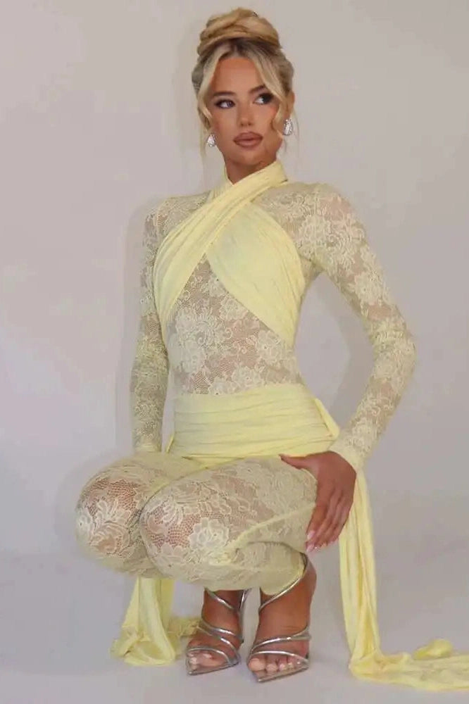 Glorol - See Through Lace Patchwork Long Sleeve Jumpsuit