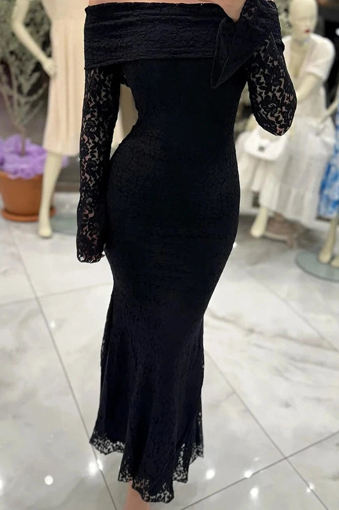 Glorol - Slash Collar Lace Embroidery High Waist Maxi Dress