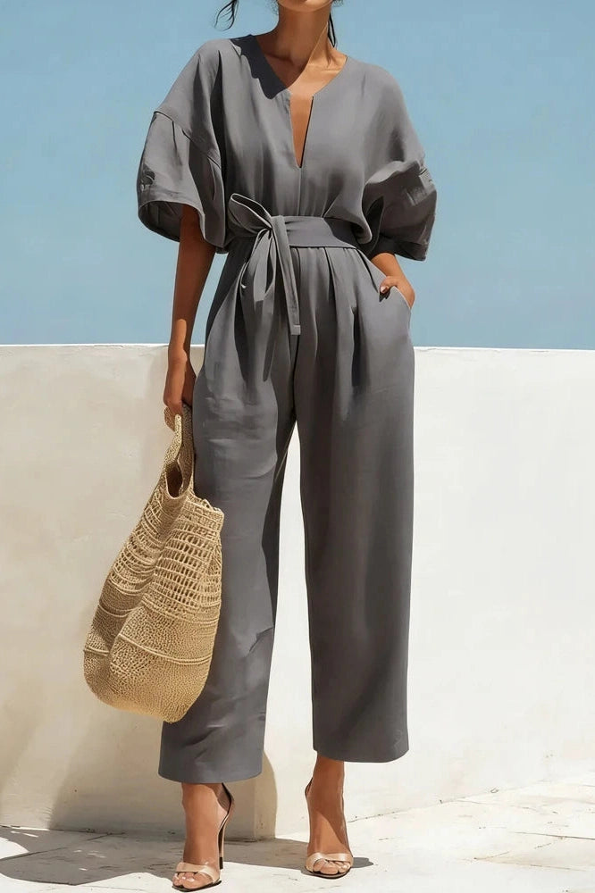 Glorol - Lace-Up Waist Cotton V-Neck Half Sleeve Jumpsuit