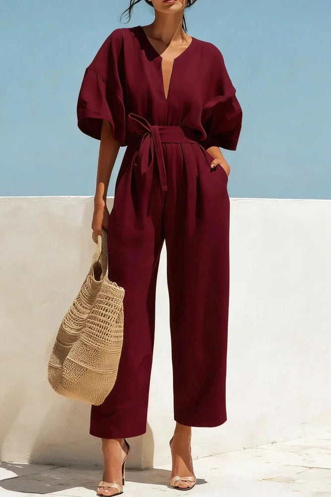 Glorol - Lace-Up Waist Cotton V-Neck Half Sleeve Jumpsuit