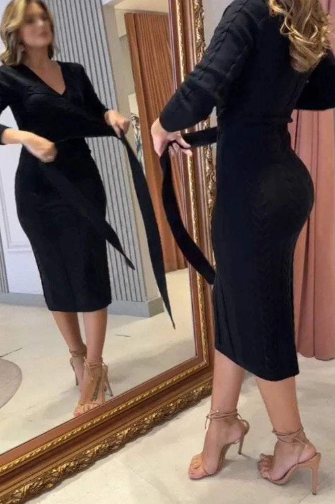 Glorol - Long Sleeve Slim High Waist V-Neck Midi Dress