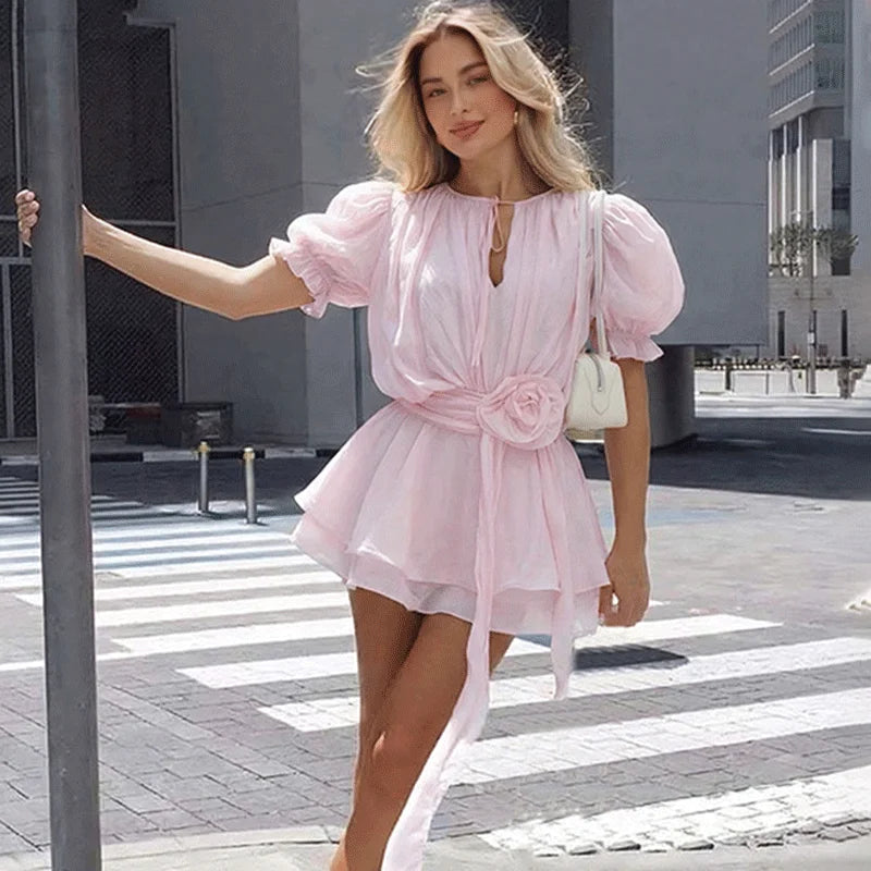 Glorol - Elegant Patchwork Lace-Up Hollow Out Mini Dress