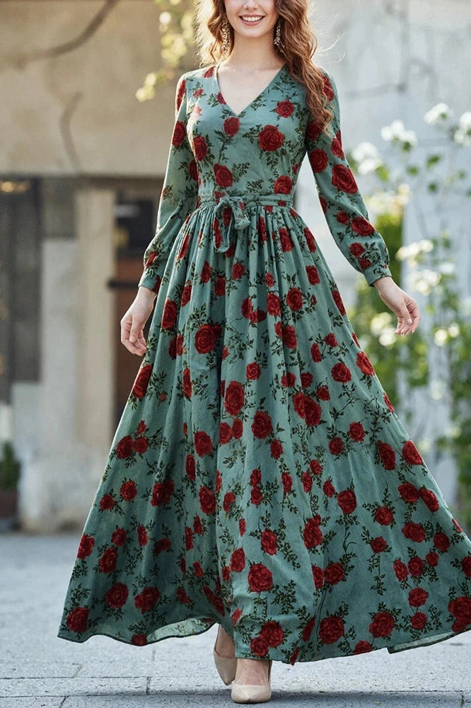 Glorol - Elegant Long Sleeve Slim Pleated V-Neck Printed Maxi Dress