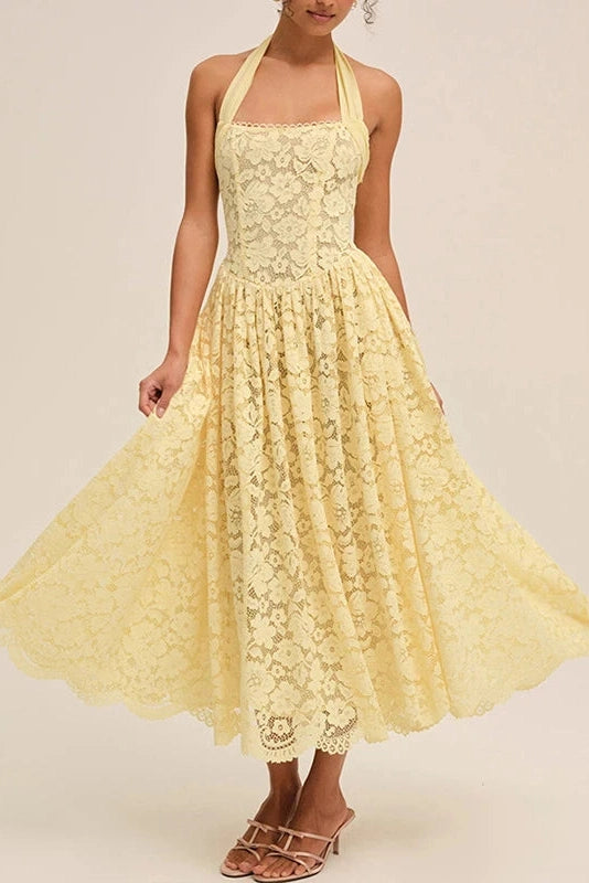 Glorol - Hollow Out Backless Sleeveless Slim Pleated Lace Midi Dress