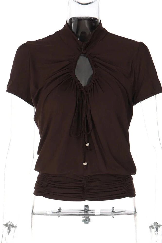 Glorol - Hollow Out Lace-Up Pleated Short Sleeve Top