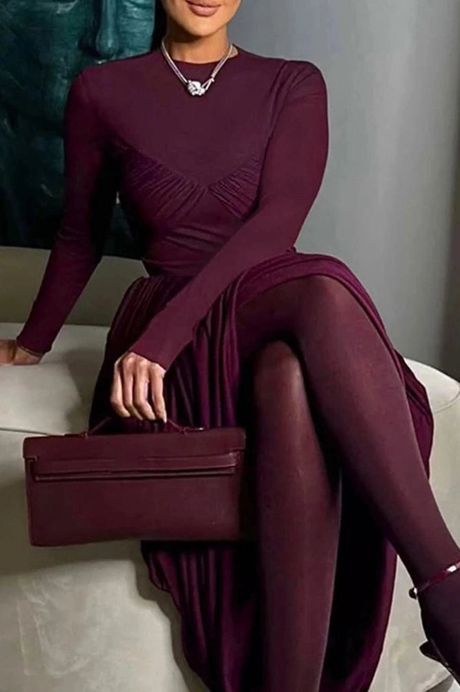 Glorol - Elegant High Waist O-Neck Pleated Irregular Maxi Dress