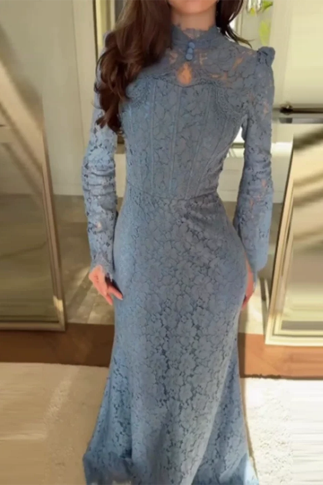Glorol - Elegant Slim High Waist Lace Embroidery Maxi Dress