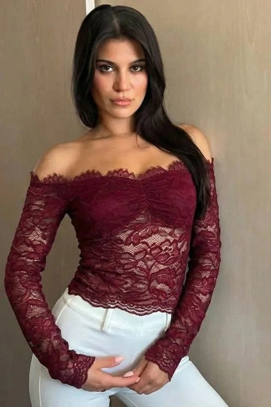 Glorol - Hollow-Out Off-Shoulder Lace Slim Long-Sleeve Top