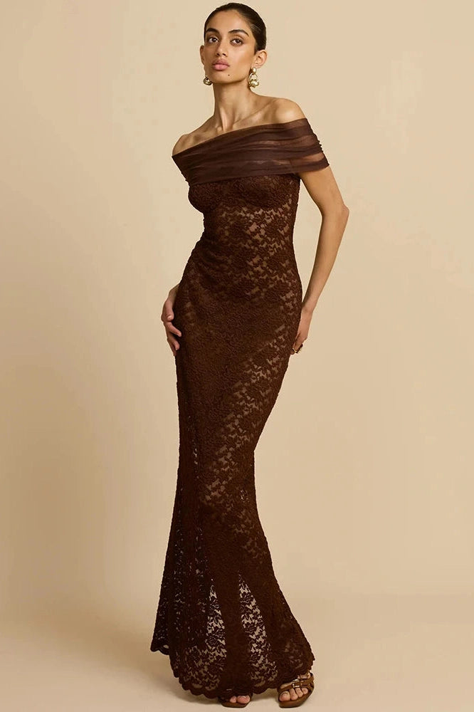 Glorol - Lace Off-Shoulder See Through Strapless Sleeveless Split Bodycon Maxi Dress