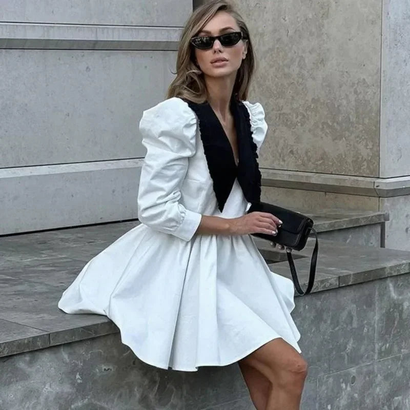 Glorol - Patchwork Long Sleeve Pleated Mini Dress