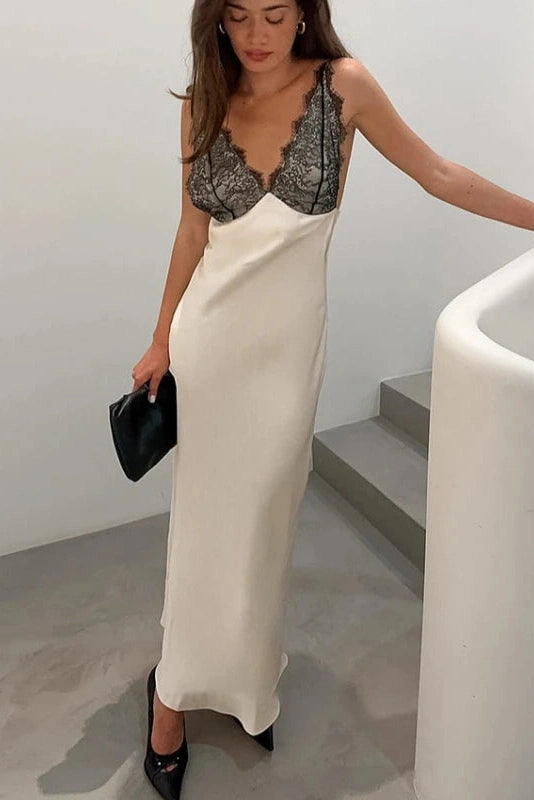 Glorol - Lace Patchwork V-Neck Backless Sleeveless Maxi Dress