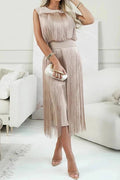 Glorol - Hollow Out Sleeveless Pleated O-Neck Midi Dress