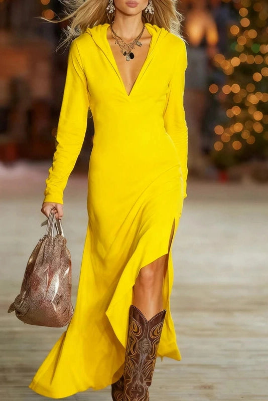 Glorol - Elegant Split Long Sleeve Irregular Maxi Dress