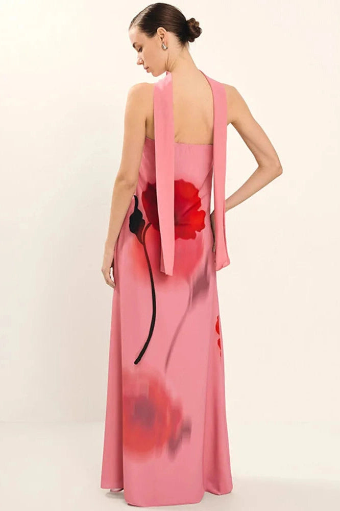 Glorol - Printed Scarf Collar Off-Shoulder Sleeveless Backless Maxi Dress