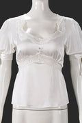 Glorol - Lace Patchwork U-Neck Short-Sleeve Top