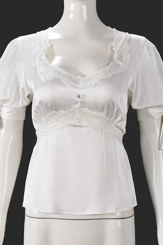 Glorol - Lace Patchwork U-Neck Short-Sleeve Top
