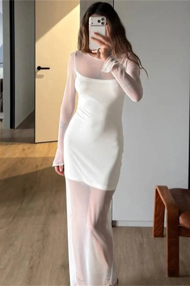 Glorol - See-Through High Waist Patchwork Slim Maxi Dress