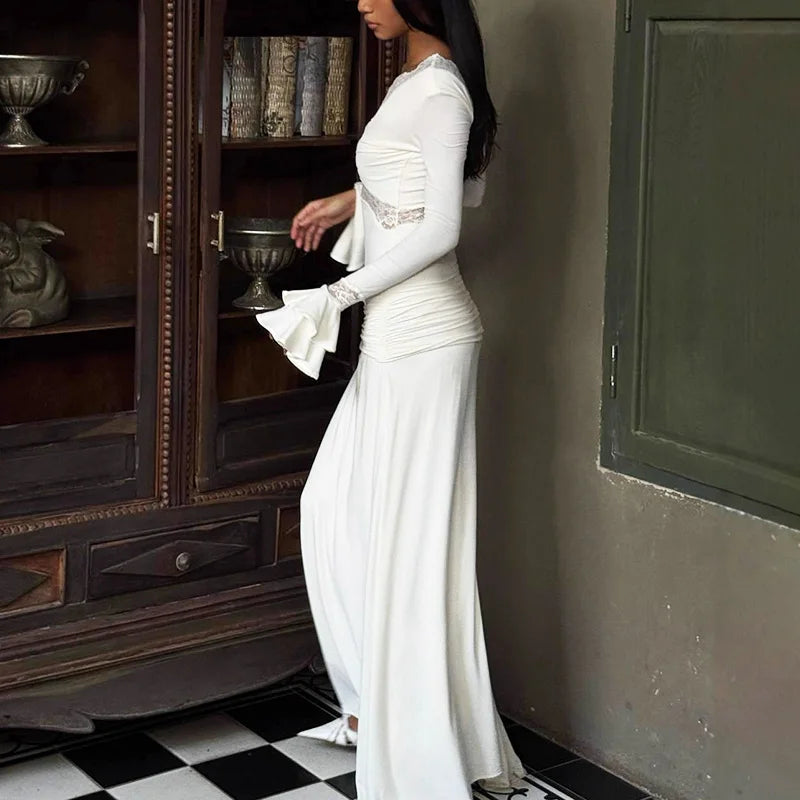 Glorol - Elegant Hollow Out V-Neck Patchwork Maxi Dress