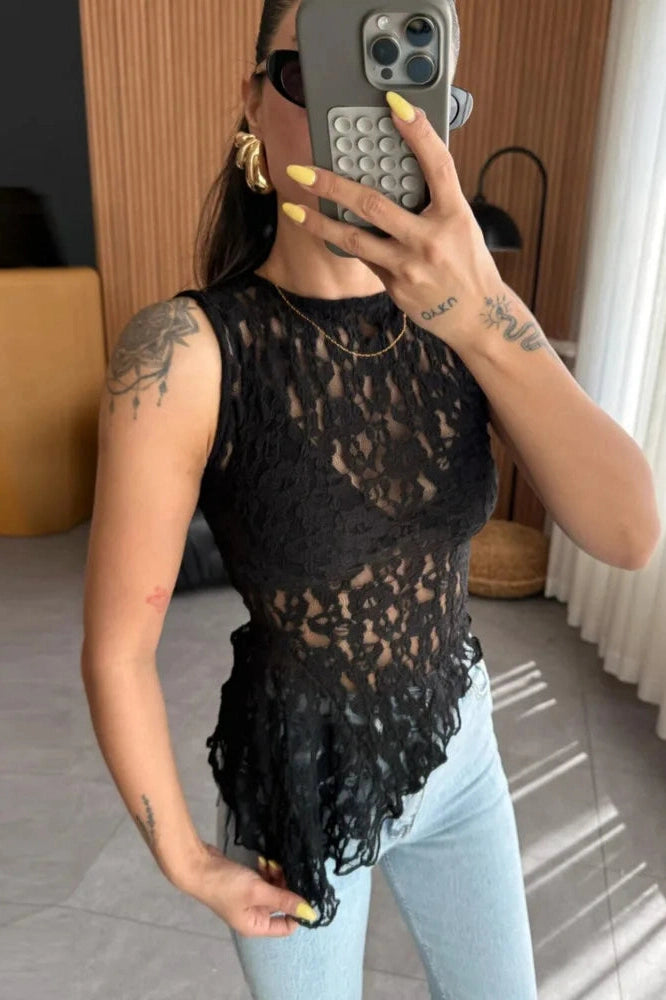 Glorol - See Through Lace O-Neck Sleeveless Irregular Top