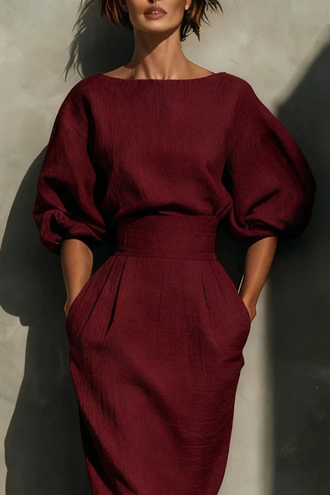 Glorol - Elegant A-Line O-Neck Lantern Sleeve High Waist Pleated Midi Dress