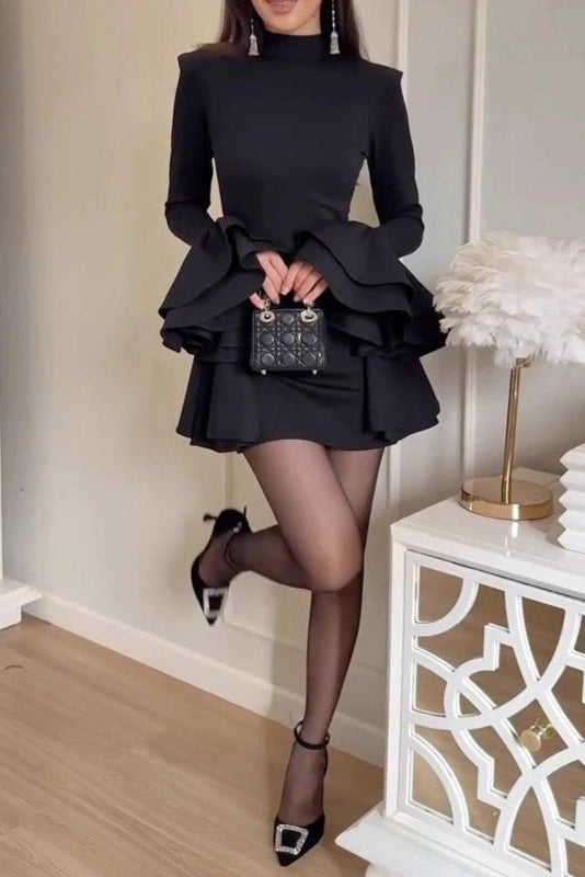 Glorol - Slim Pleated A-Line Turtleneck Long Sleeve Mini Dress