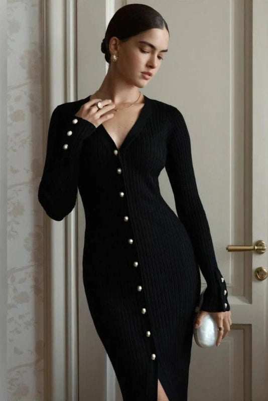 Glorol - Knitting Slim Single-Breasted Long-Sleeved V-Neck High Waist Midi Dress