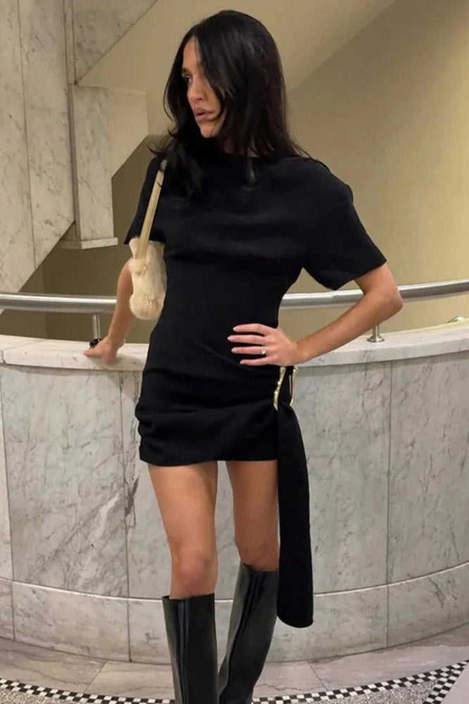Glorol - Short Sleeve Metal Buckle O Neck Bodycon Mini Dress